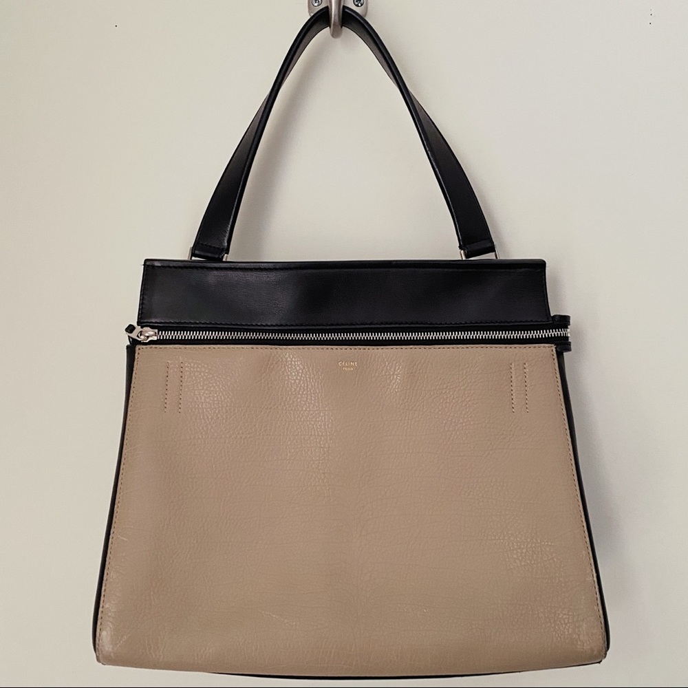 Celine Edge Phoebe Philo Taupe Tan Black Leather Shoulder Tote Bag Italy